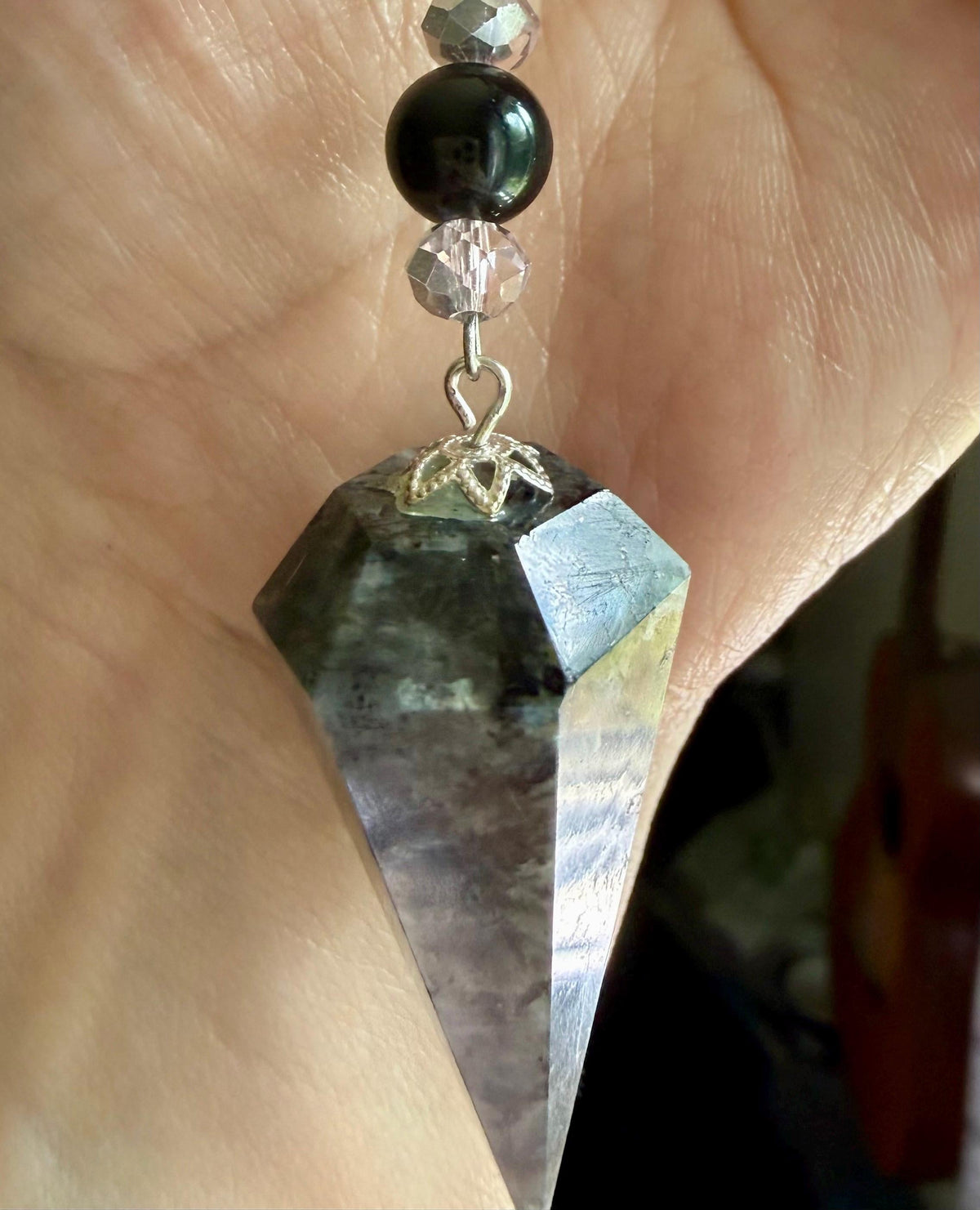 Handmade Larvikite Point Pendulum with Obsidian and Iridescent Glass Beads.