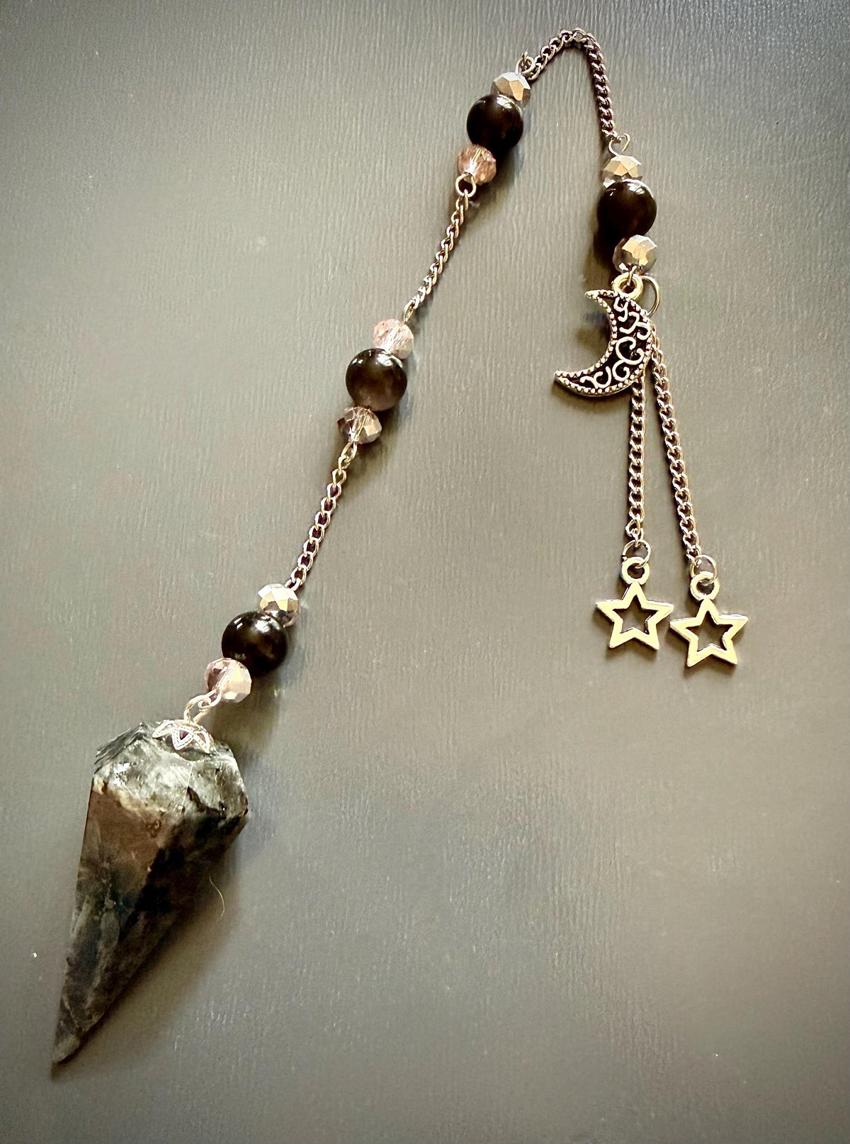 Handmade Larvikite Point Pendulum with Obsidian and Iridescent Glass Beads.