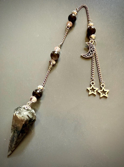 Handmade Larvikite Point Pendulum with Obsidian and Iridescent Glass Beads.