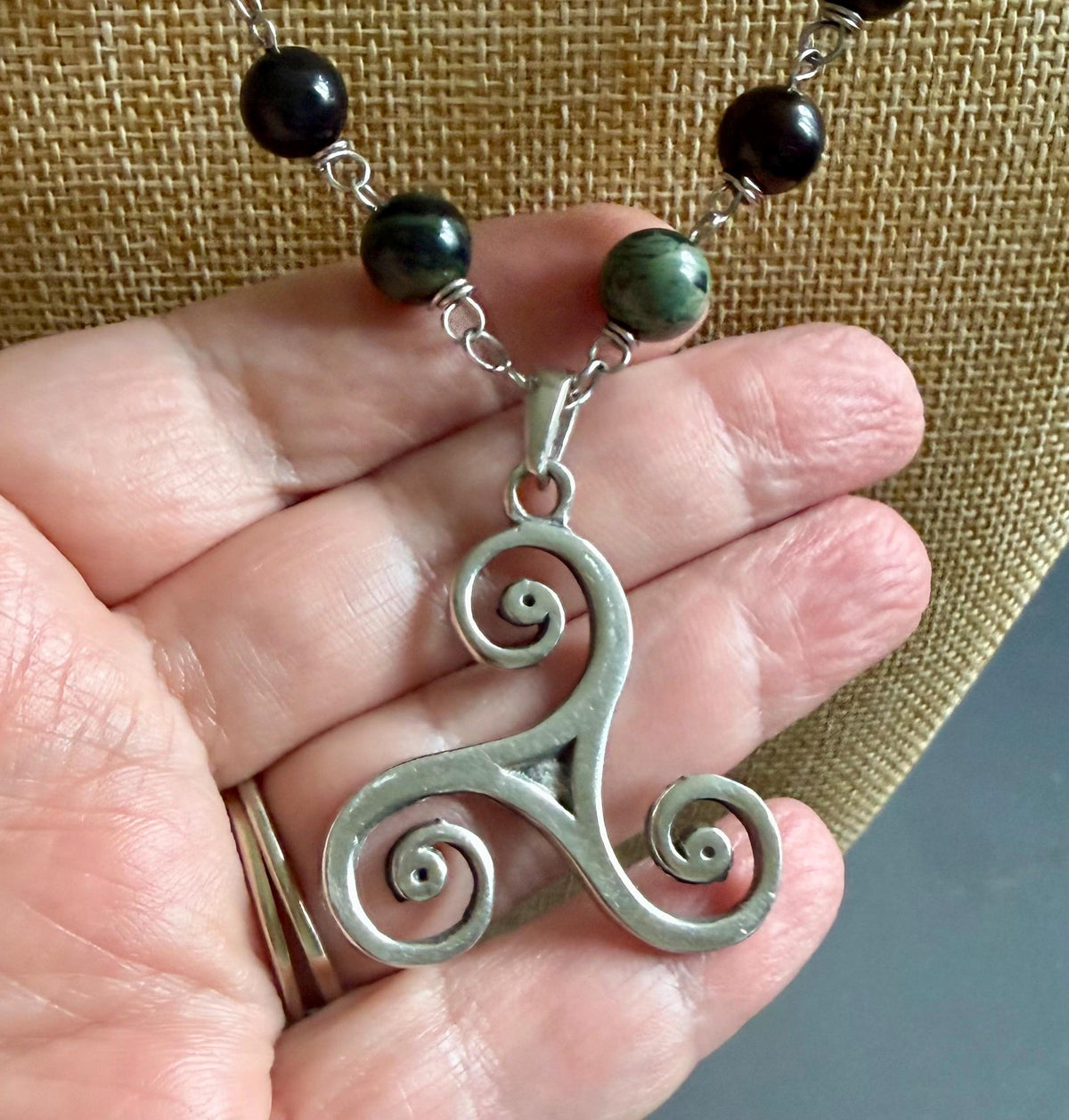 Celtic Triskele Pendant Necklace with Kambaba Jasper and Obsidian Beads.