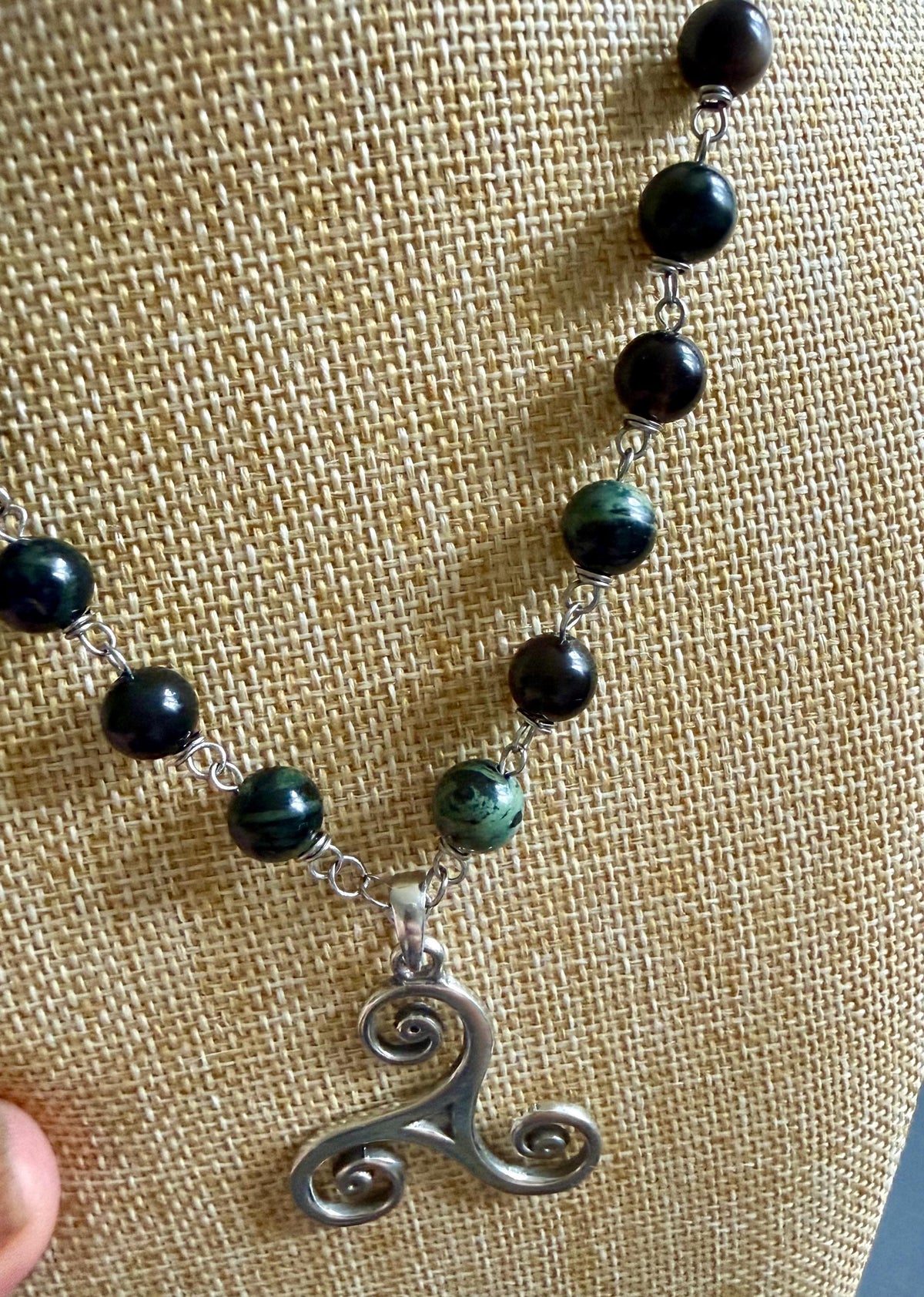 Celtic Triskele Pendant Necklace with Kambaba Jasper and Obsidian Beads.