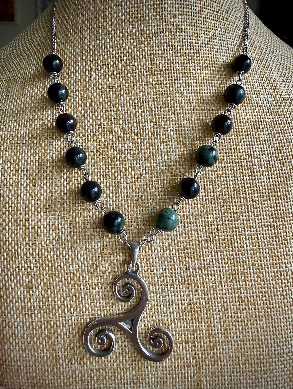 Celtic Triskele Pendant Necklace with Kambaba Jasper and Obsidian Beads.
