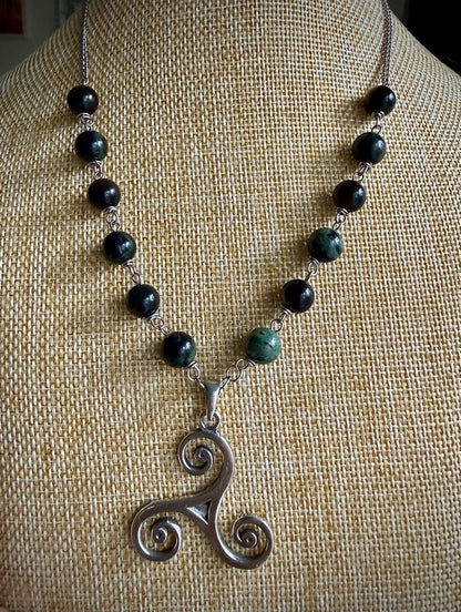 Celtic Triskele Pendant Necklace with Kambaba Jasper and Obsidian Beads.