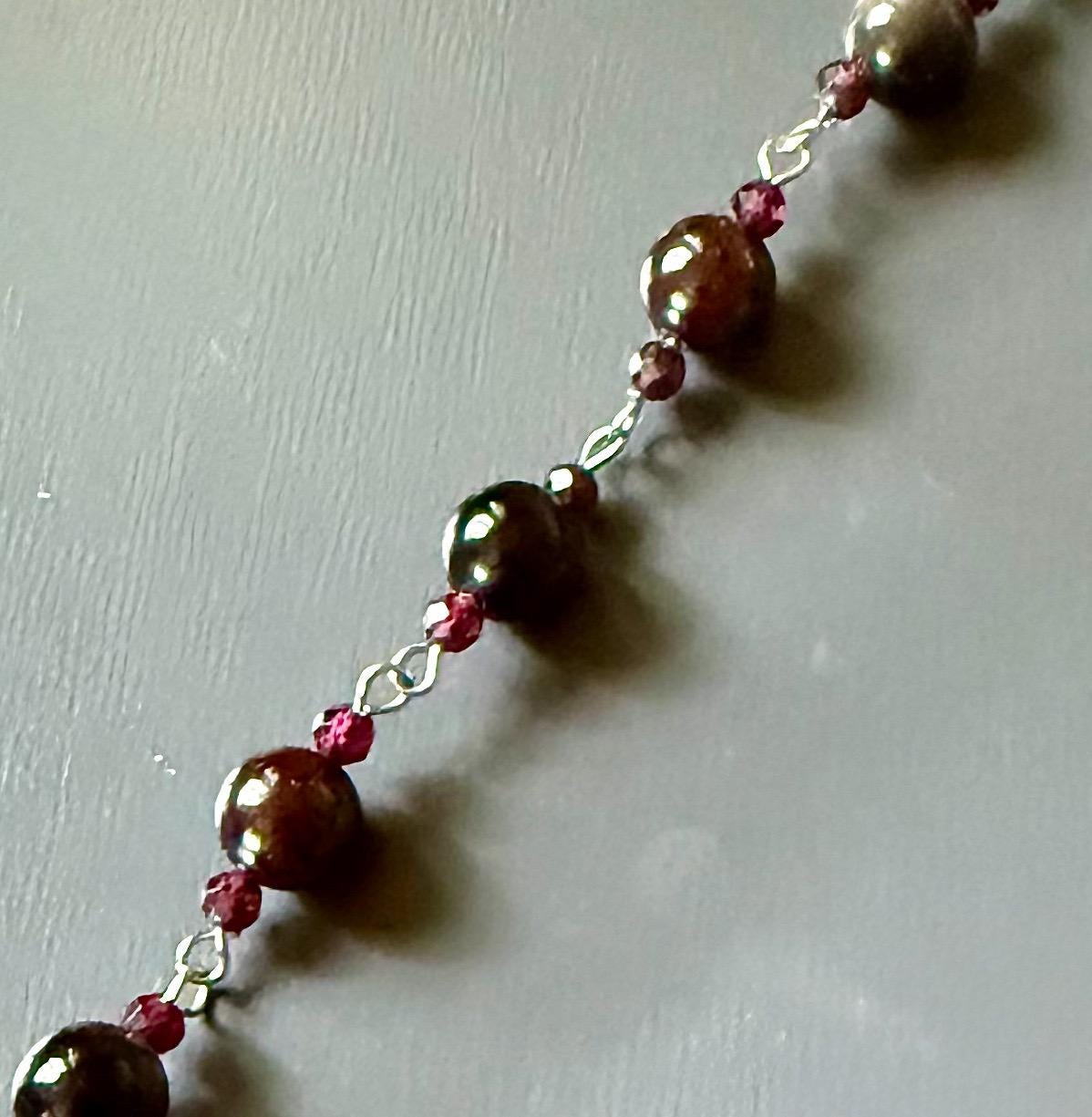 Handmade Garnet Point Pendulum with Obsidian and Garnet Beads.