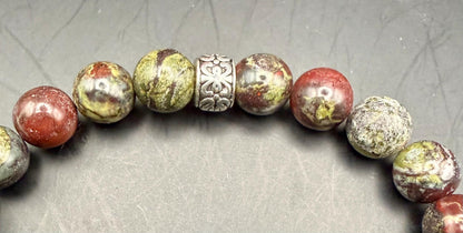 Dragon Bloodstone Jasper Gemstone Stretch Bracelet with Celtic Knot Charm.