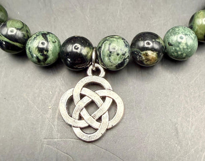 Kambaba Jasper Gemstone Stretch Bracelet with Celtic Knot Charm.