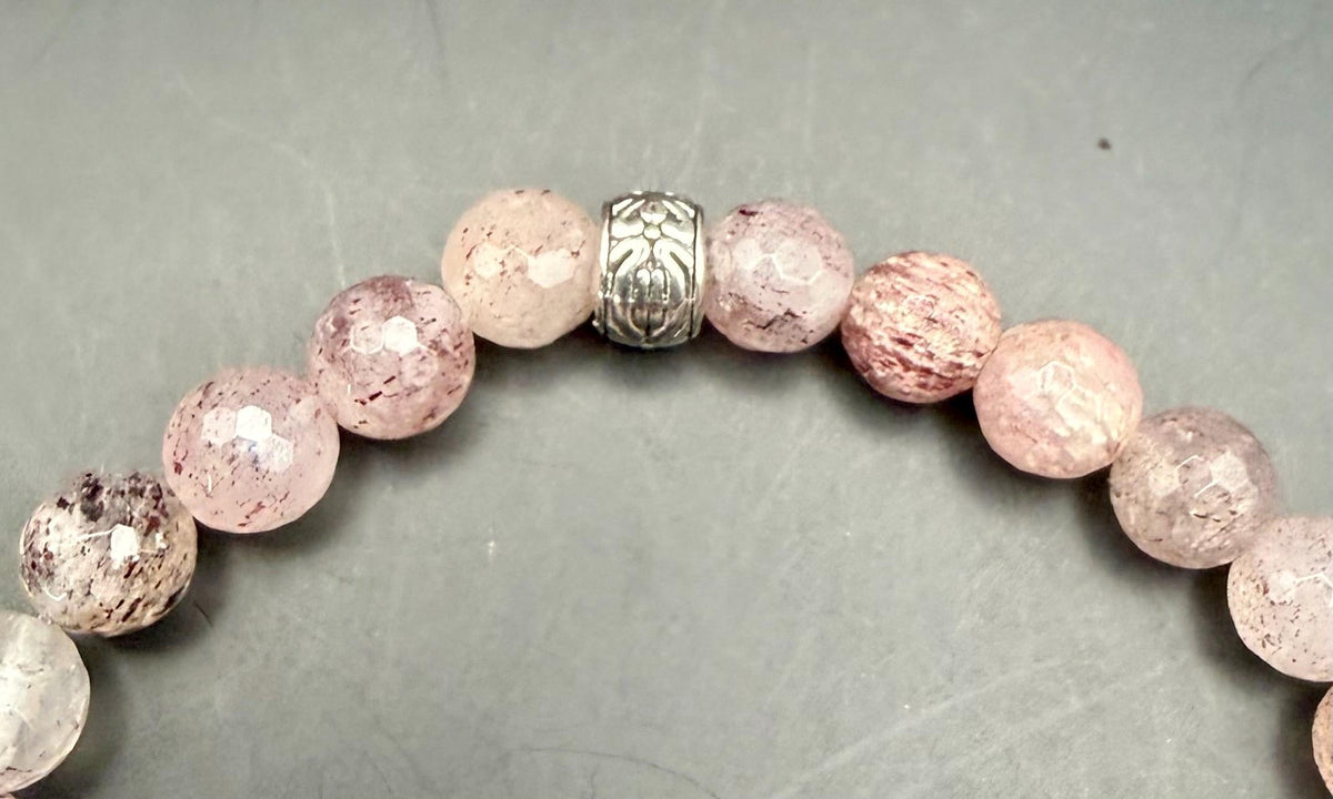 Strawberry Quartz Gemstone Stretch Bracelet with Heart Charm.