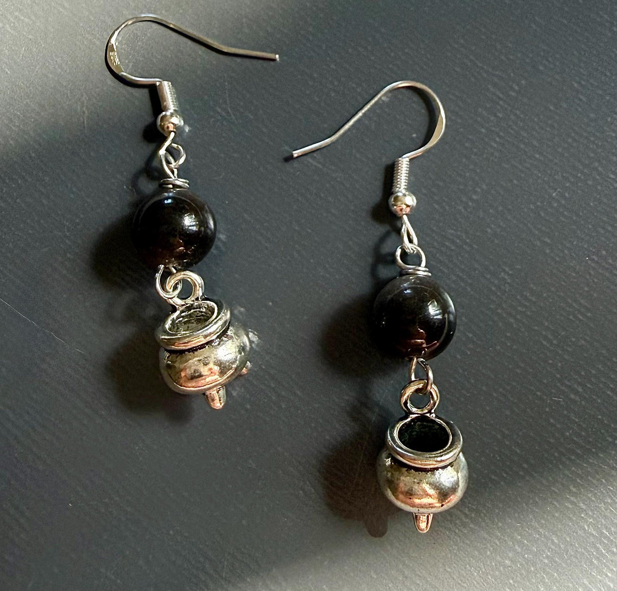 Witchy Mini Cauldron Pewter Halloween Earrings with Black Obsidian.