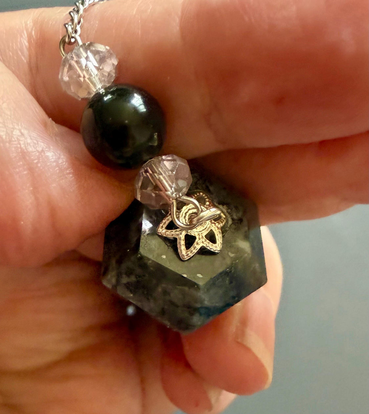Handmade Larvikite Point Pendulum with Obsidian and Iridescent Glass Beads.