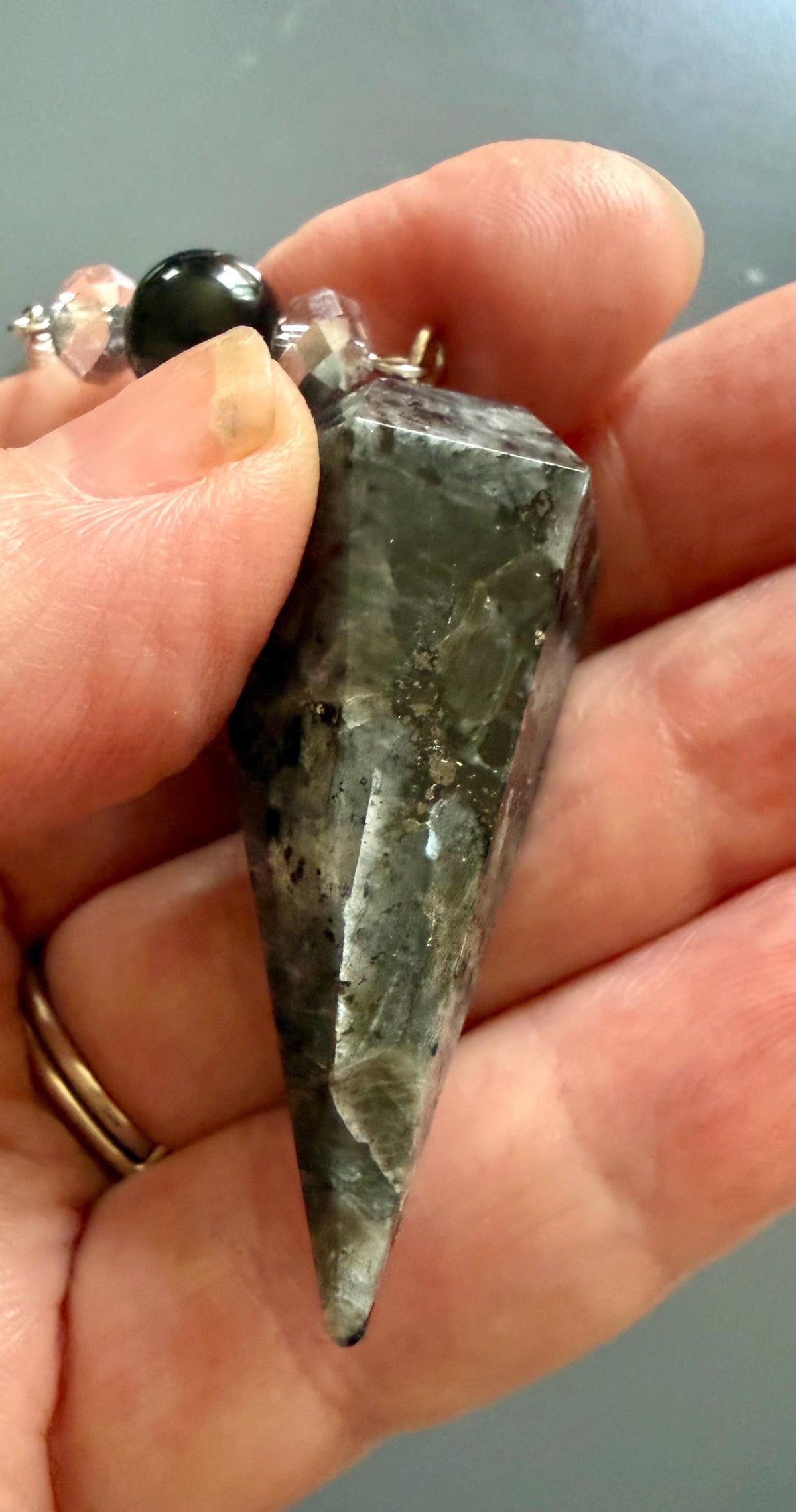 Handmade Larvikite Point Pendulum with Obsidian and Iridescent Glass Beads.