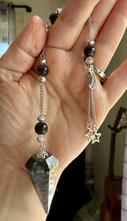 Handmade Larvikite Point Pendulum with Obsidian and Iridescent Glass Beads.