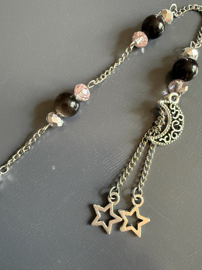 Handmade Larvikite Point Pendulum with Obsidian and Iridescent Glass Beads.