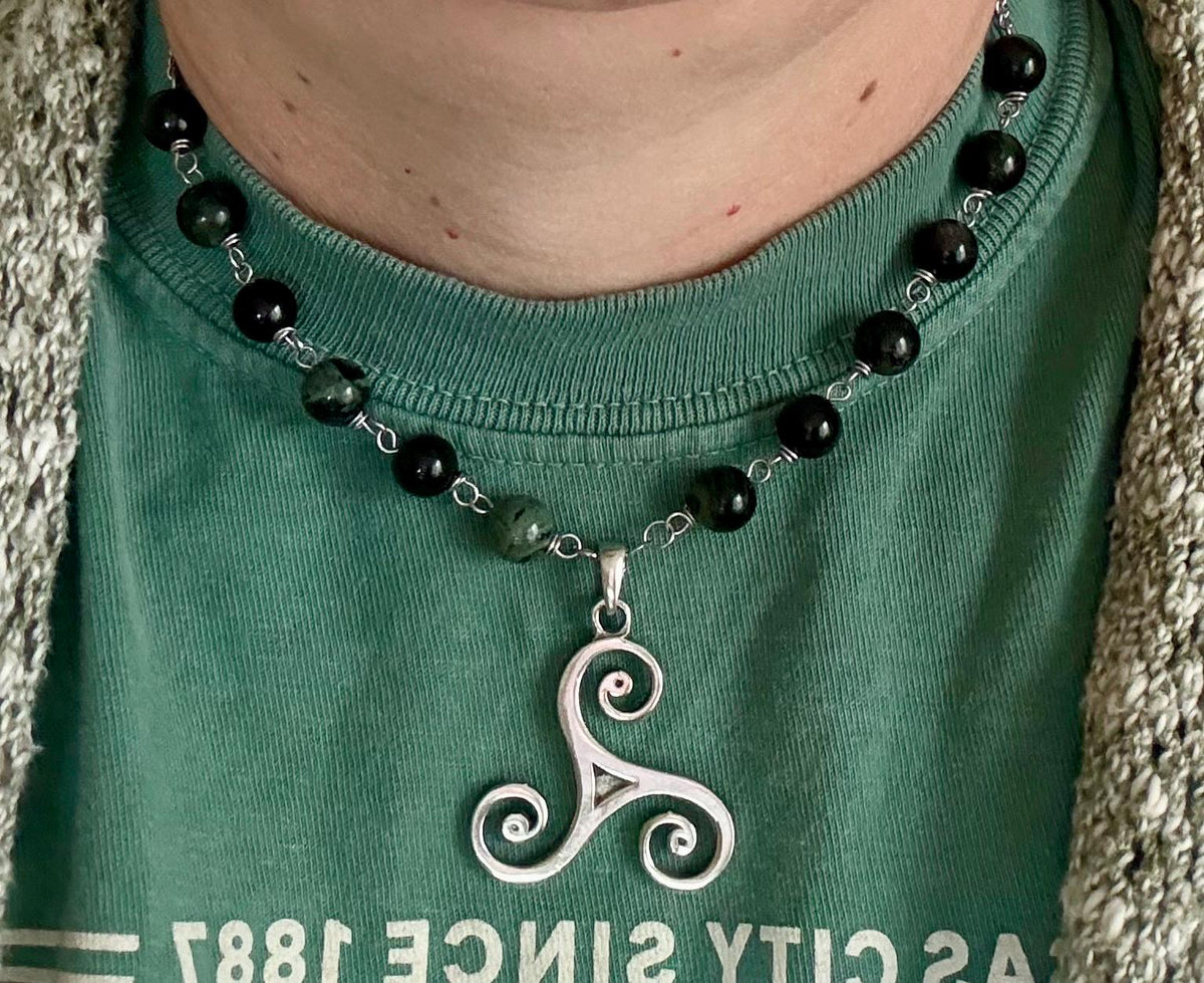 Celtic Triskele Pendant Necklace with Kambaba Jasper and Obsidian Beads.