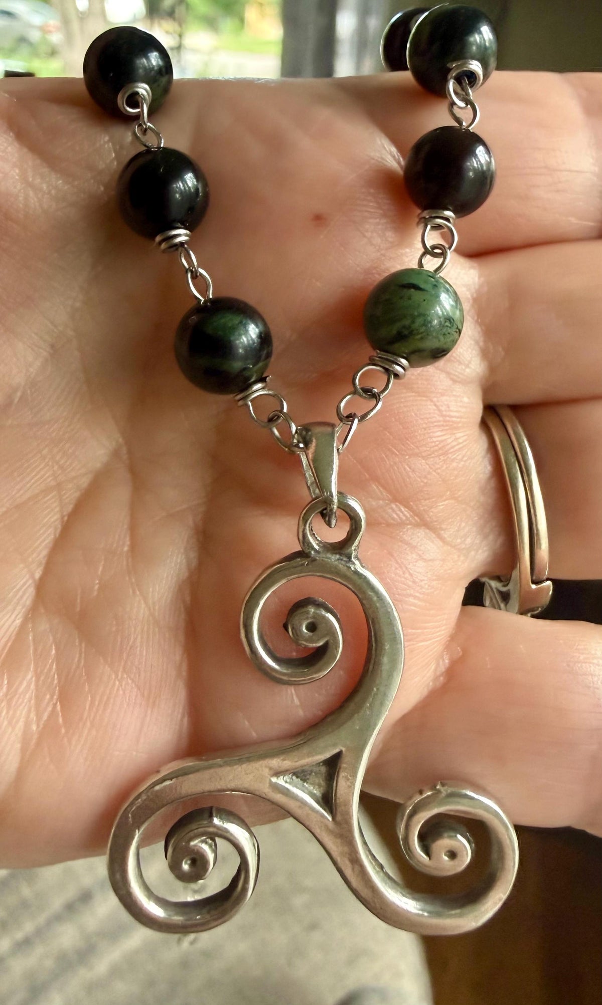 Celtic Triskele Pendant Necklace with Kambaba Jasper and Obsidian Beads.