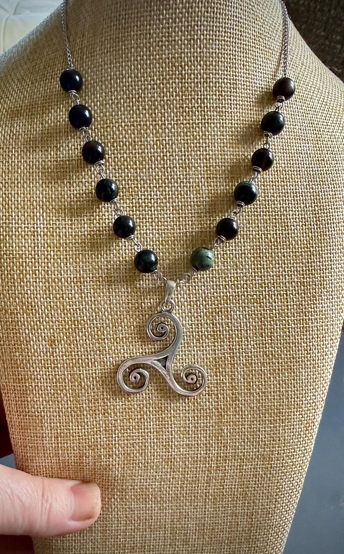 Celtic Triskele Pendant Necklace with Kambaba Jasper and Obsidian Beads.
