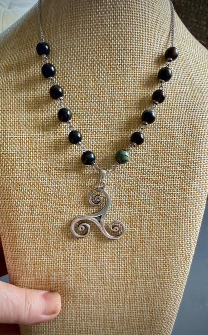 Celtic Triskele Pendant Necklace with Kambaba Jasper and Obsidian Beads.