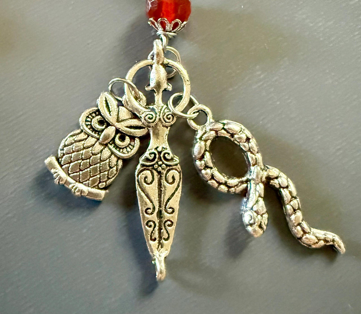 Goddess Lilith Sigil Devotional Prayer Beads:  Carnelian, Obsidian Gemstones with Owl and Snake Charm.