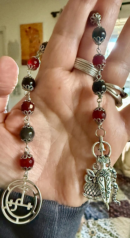 Goddess Lilith Sigil Devotional Prayer Beads:  Carnelian, Obsidian Gemstones with Owl and Snake Charm.