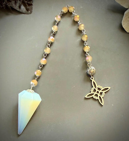 Opalite Handmade Pendulum with Crystal Glass Beads and Witch’s Knot Charm.