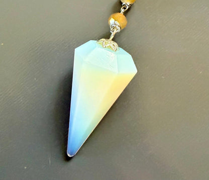 Opalite Handmade Pendulum with Crystal Glass Beads and Witch’s Knot Charm.