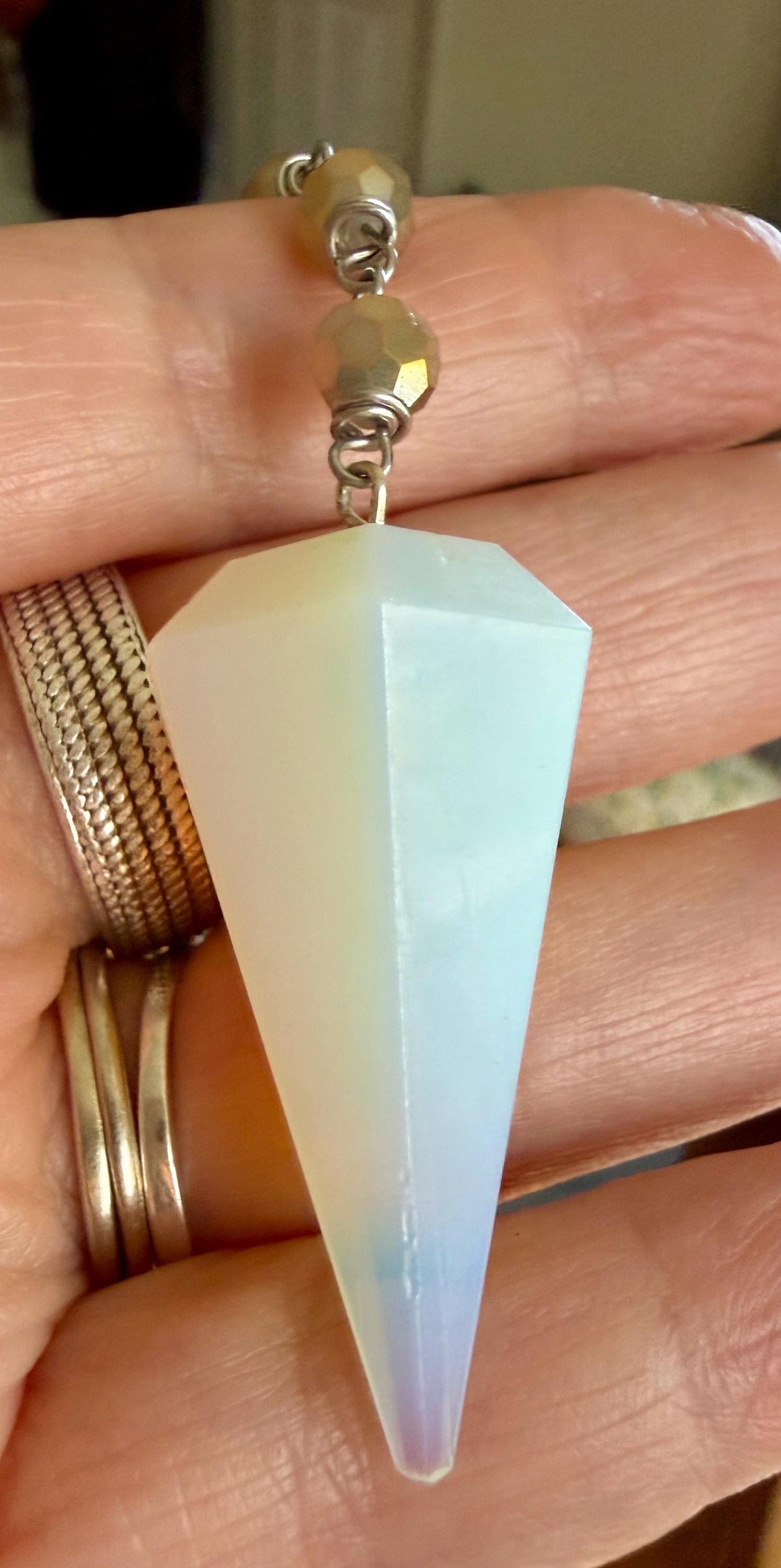 Opalite Handmade Pendulum with Crystal Glass Beads and Witch’s Knot Charm.