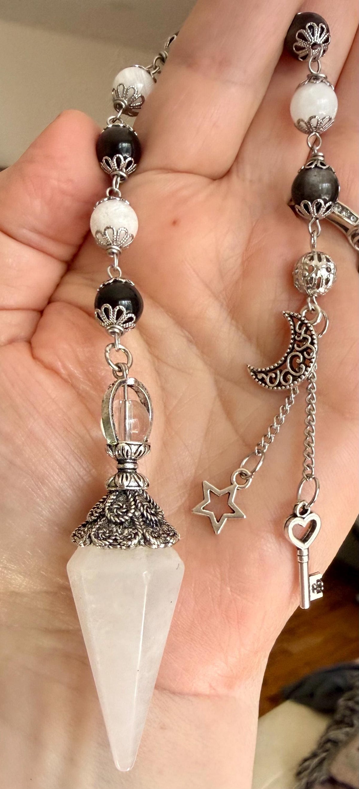 Handmade Quartz Pendulum with Moonstone and Obsidian Beads.