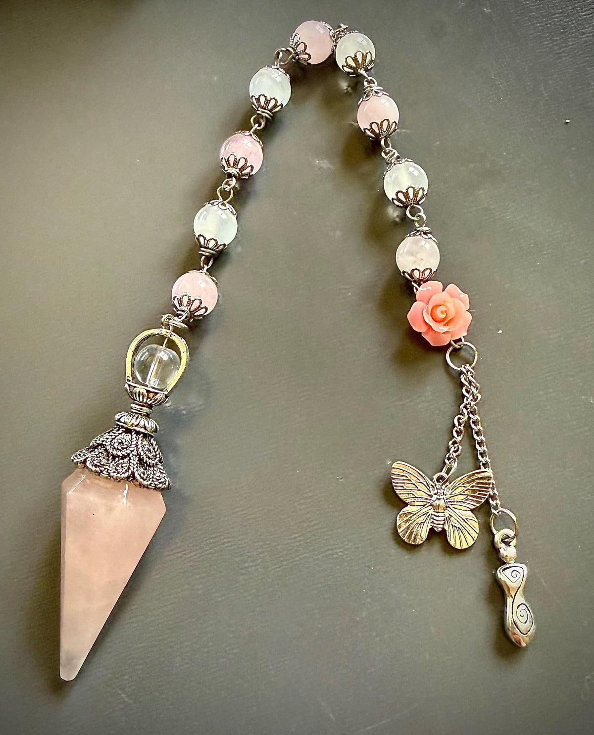 Handmade Rose Quartz Point Pendulum with Selenite Beads, Rose Butterfly Charms (10&amp;quot; Length)