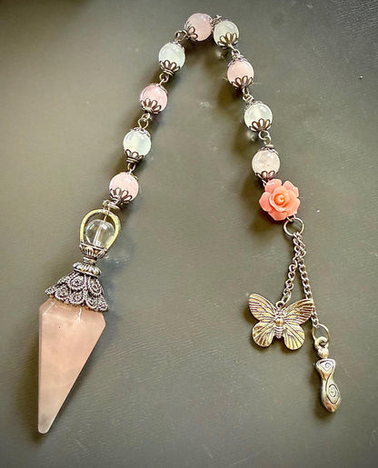 Handmade Rose Quartz Point Pendulum with Selenite Beads, Rose Butterfly Charms (10&amp;quot; Length)