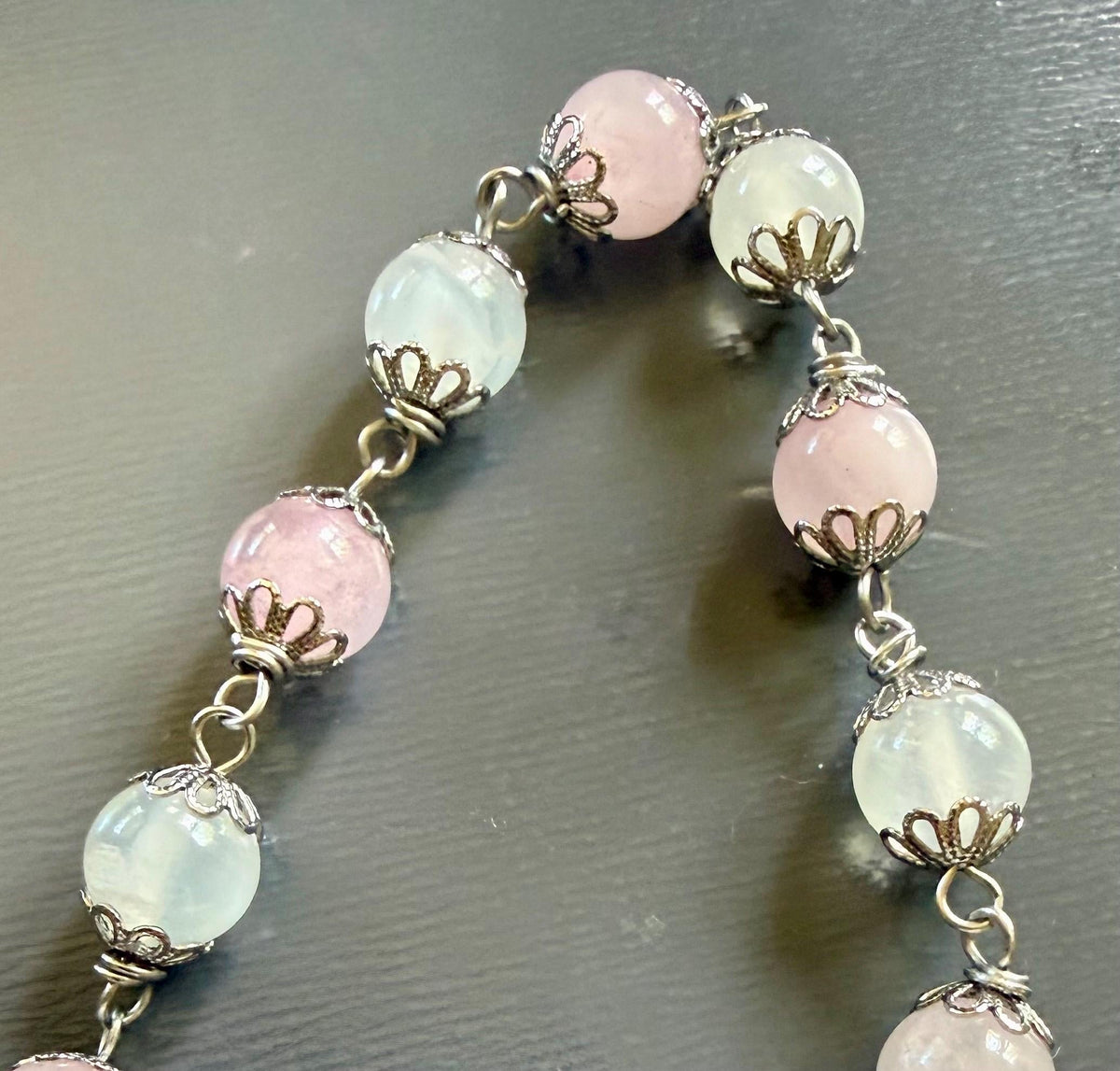 Handmade Rose Quartz Point Pendulum with Selenite Beads, Rose Butterfly Charms (10&amp;quot; Length)