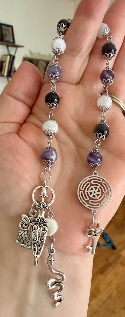 Wheel of Hekate Strophalos Devotional Prayer Beads:  Amethyst, Obsidian, and Moonstone.