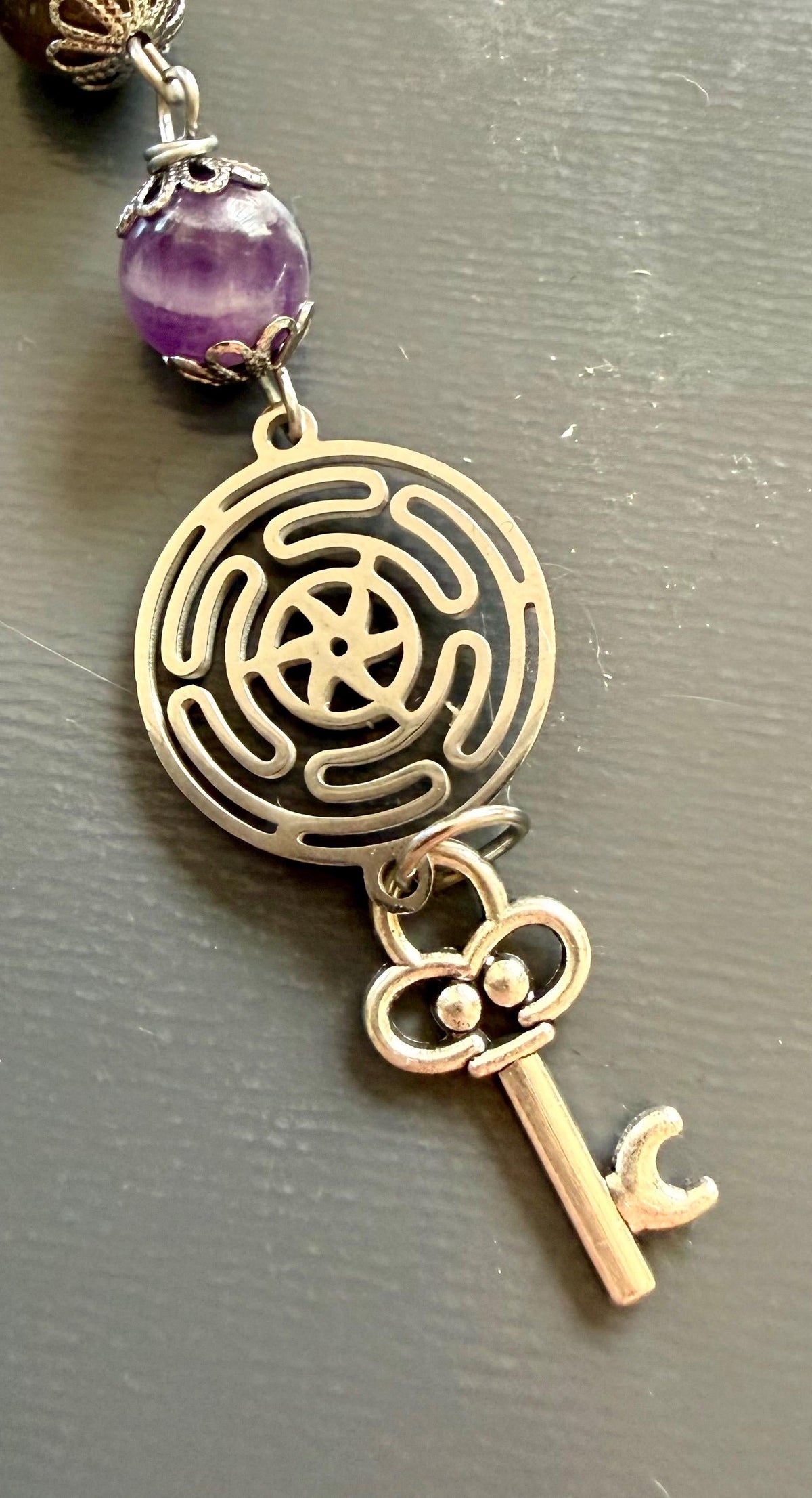 Wheel of Hekate Strophalos Devotional Prayer Beads:  Amethyst, Obsidian, and Moonstone.