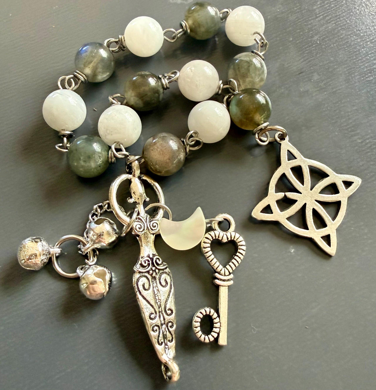 Labradorite Moonstone Pagan or Witchcraft Prayer Beads:  Witches Knot, Goddess, and Moon Charm.