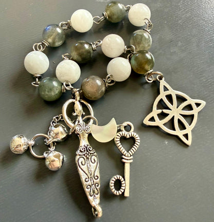 Labradorite Moonstone Pagan or Witchcraft Prayer Beads:  Witches Knot, Goddess, and Moon Charm.