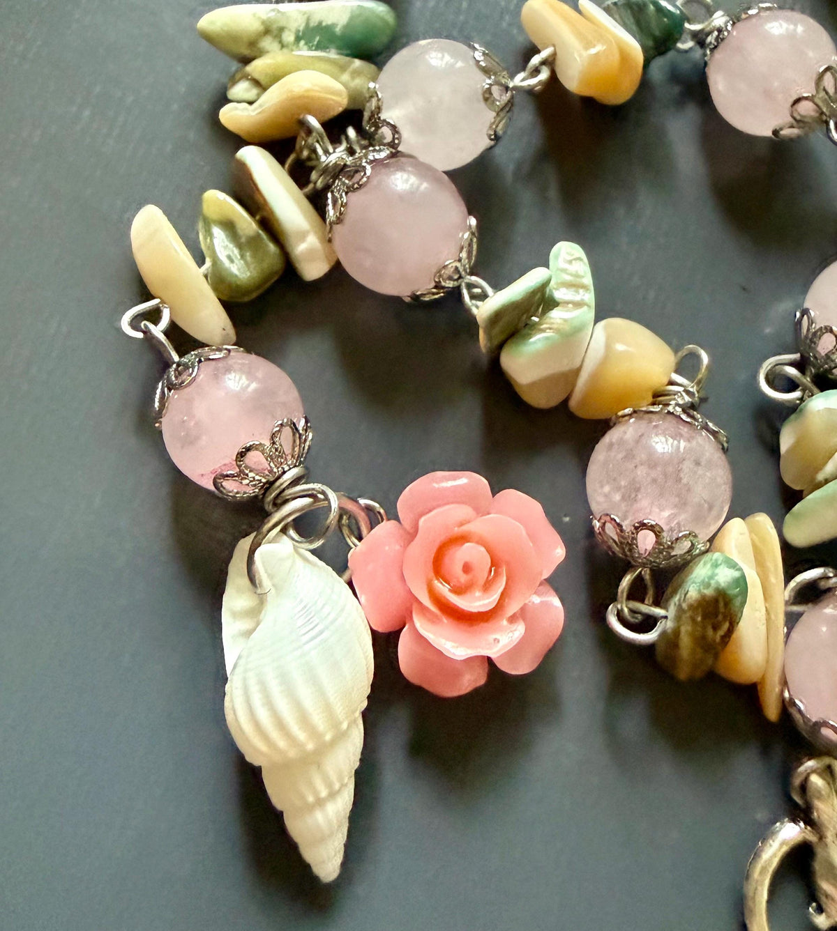 Goddess Aphrodite Devotional Prayer Beads with Rose Quartz, Seashells, Heart, and Goddess Charm.