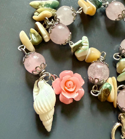 Goddess Aphrodite Devotional Prayer Beads with Rose Quartz, Seashells, Heart, and Goddess Charm.