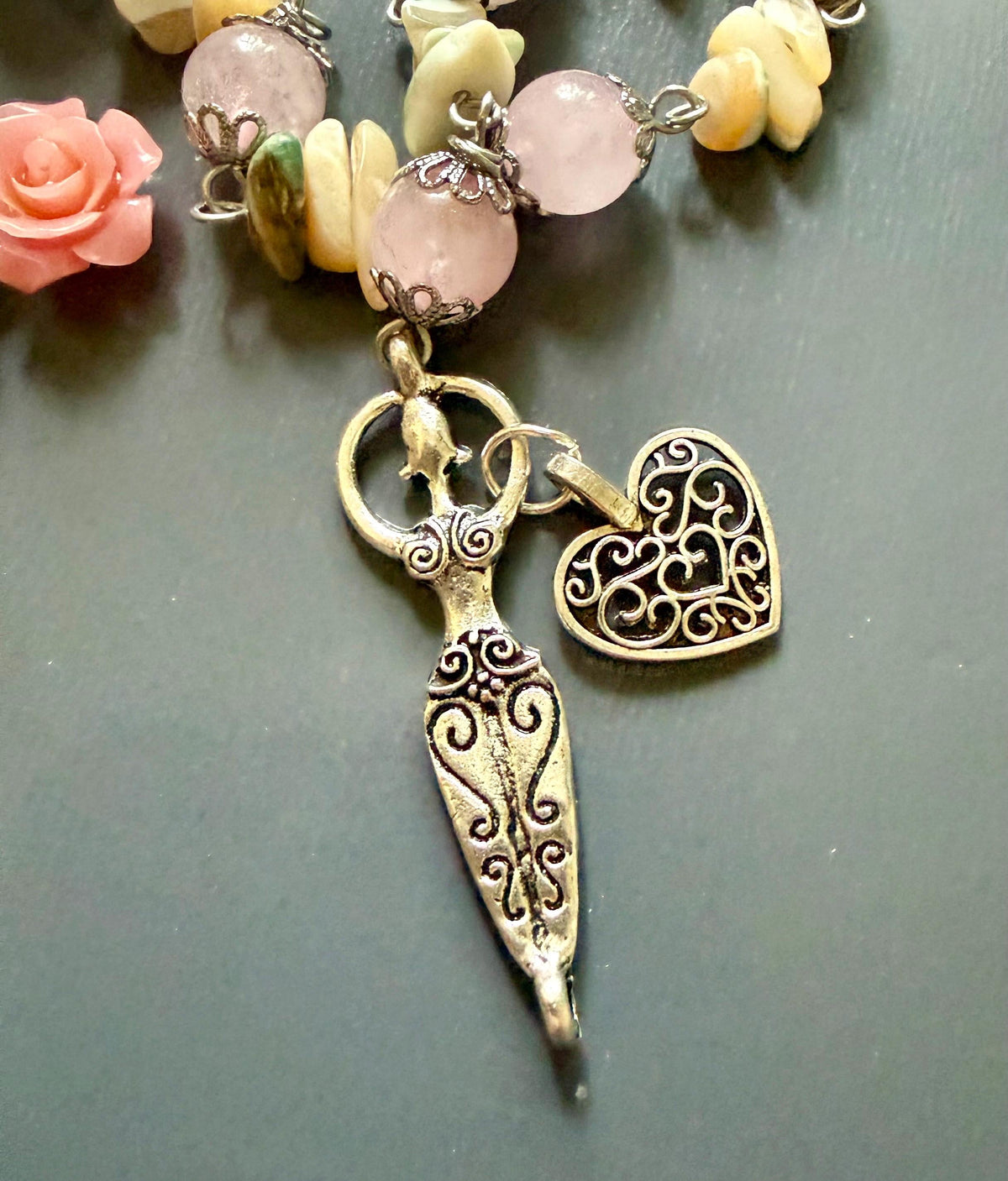 Goddess Aphrodite Devotional Prayer Beads with Rose Quartz, Seashells, Heart, and Goddess Charm.