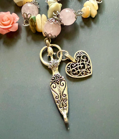 Goddess Aphrodite Devotional Prayer Beads with Rose Quartz, Seashells, Heart, and Goddess Charm.