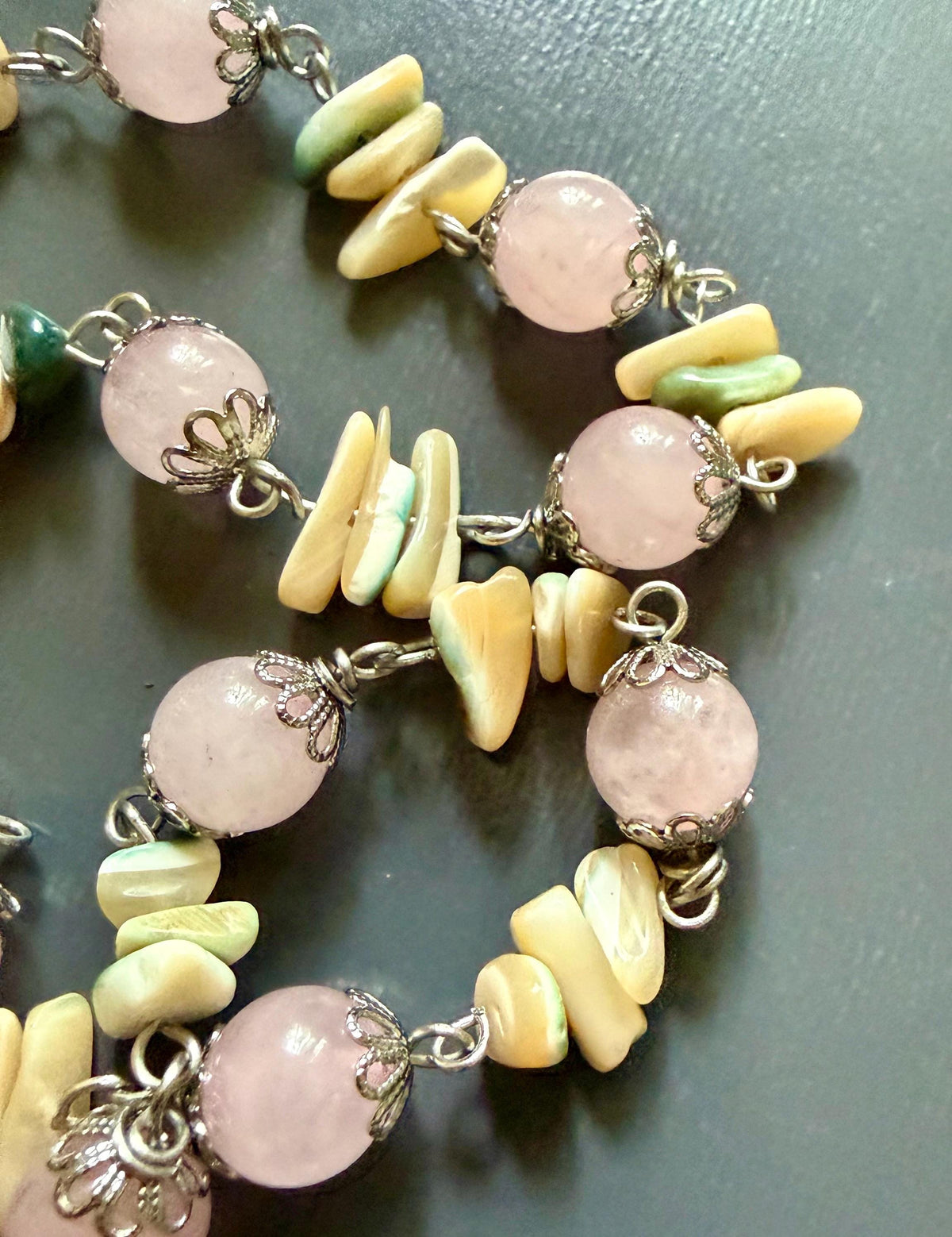 Goddess Aphrodite Devotional Prayer Beads with Rose Quartz, Seashells, Heart, and Goddess Charm.