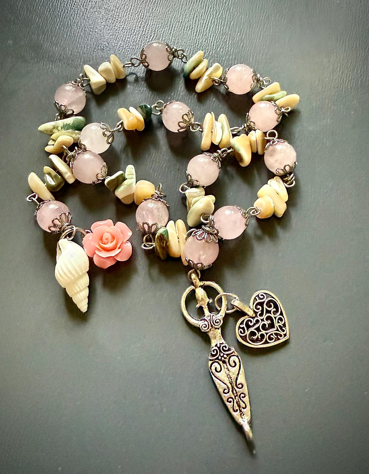 Goddess Aphrodite Devotional Prayer Beads with Rose Quartz, Seashells, Heart, and Goddess Charm.