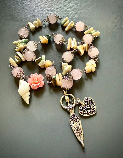 Goddess Aphrodite Devotional Prayer Beads with Rose Quartz, Seashells, Heart, and Goddess Charm.