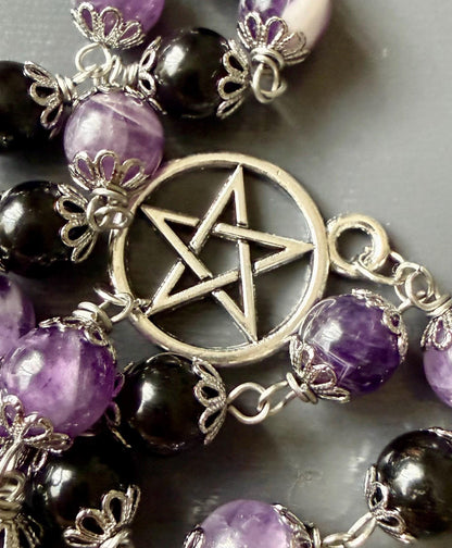 Witch’s Knot Rosary with Amethyst and Tourmaline Gemstones.