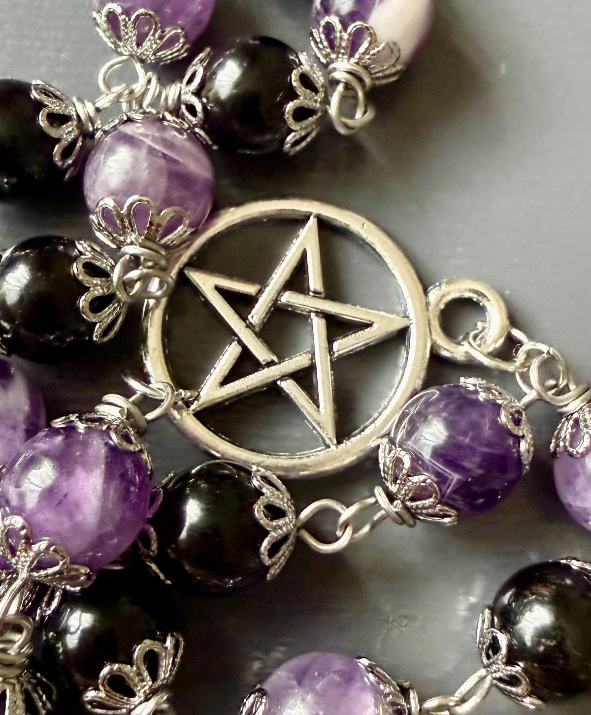 Witch’s Knot Rosary with Amethyst and Black Obsidian Gemstones.