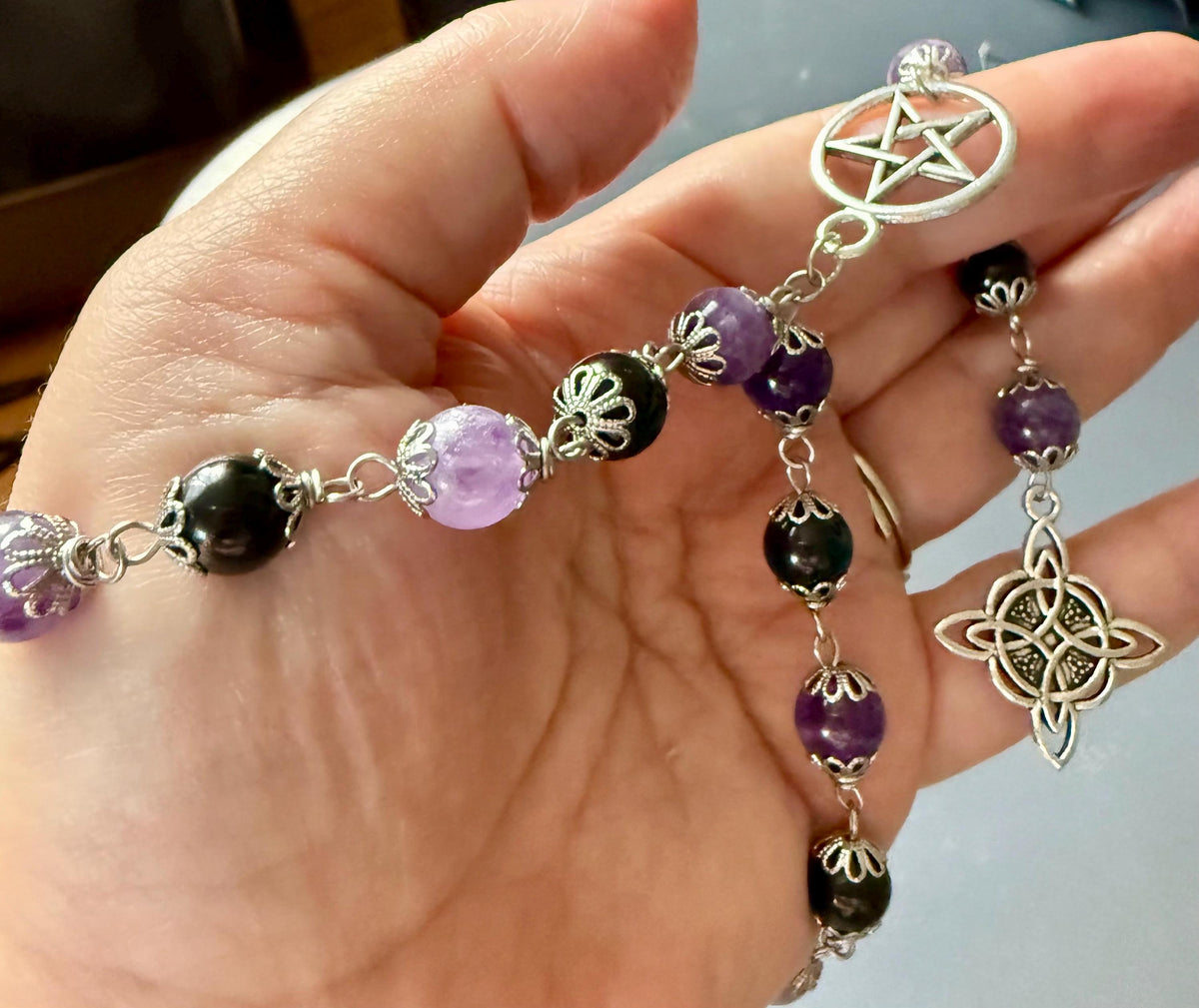 Witch’s Knot Rosary with Amethyst and Black Obsidian Gemstones.