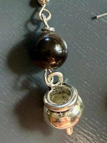 Witchy Mini Cauldron Pewter Halloween Earrings with Black Obsidian.