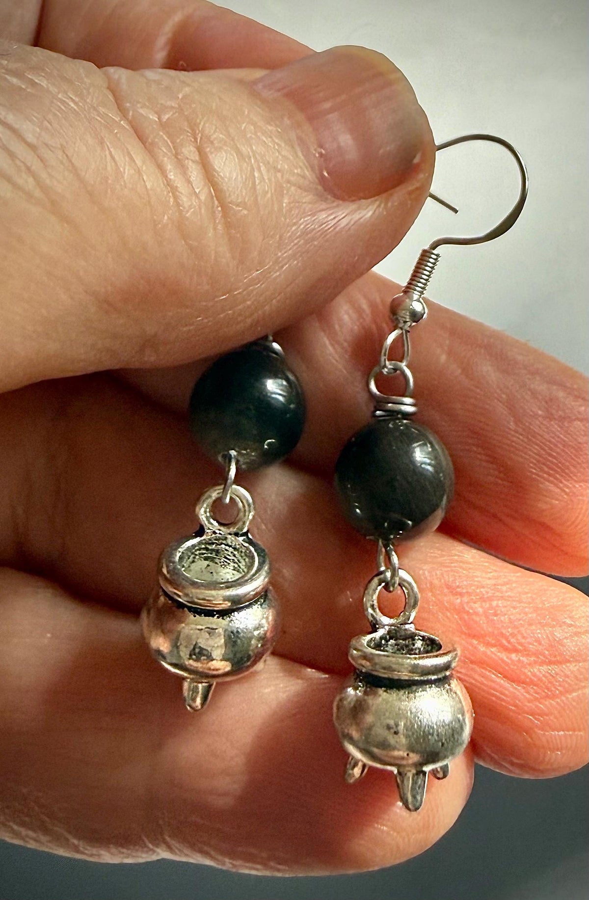 Witchy Mini Cauldron Pewter Halloween Earrings with Black Obsidian.