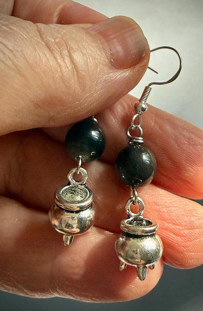 Witchy Mini Cauldron Pewter Halloween Earrings with Black Obsidian.