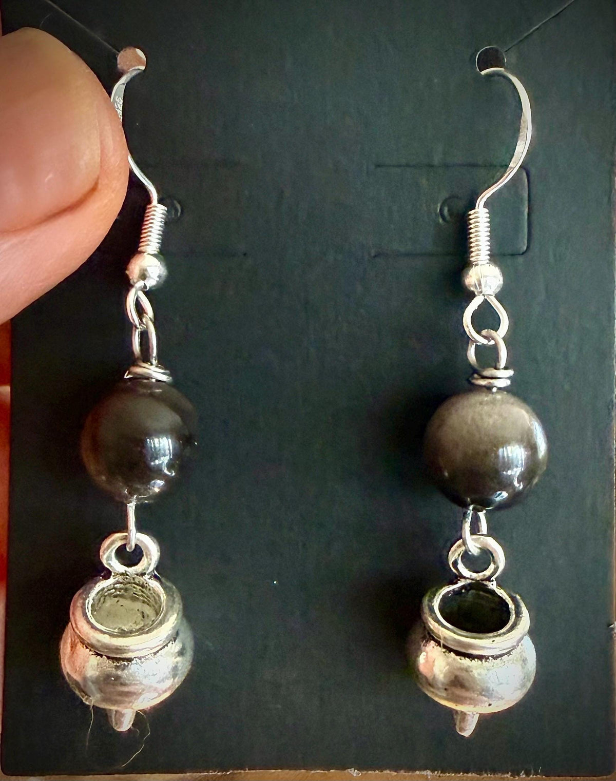 Witchy Mini Cauldron Pewter Halloween Earrings with Black Obsidian.