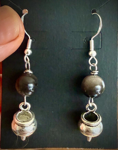 Witchy Mini Cauldron Pewter Halloween Earrings with Black Obsidian.
