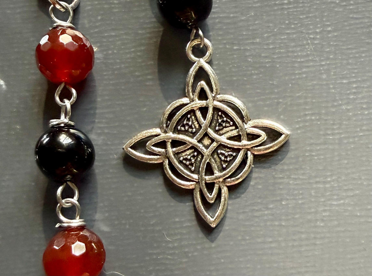 Witchy Car Charm Accessory:  Carnelian, Black Tourmaline Beads with Crow Skull, Witch’s Knot, and Key Charms.