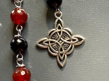 Witchy Car Charm Accessory:  Carnelian, Black Tourmaline Beads with Crow Skull, Witch’s Knot, and Key Charms.